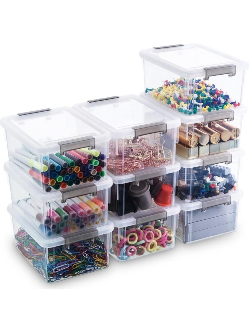 10-Pack Stackable Clear Small Storage Bins with Lids - 1.3Qt Organizers